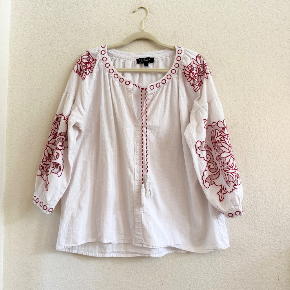 RD+Koko White Linen Blend Red Floral Embroidered Tassel Peasant Blouse Large